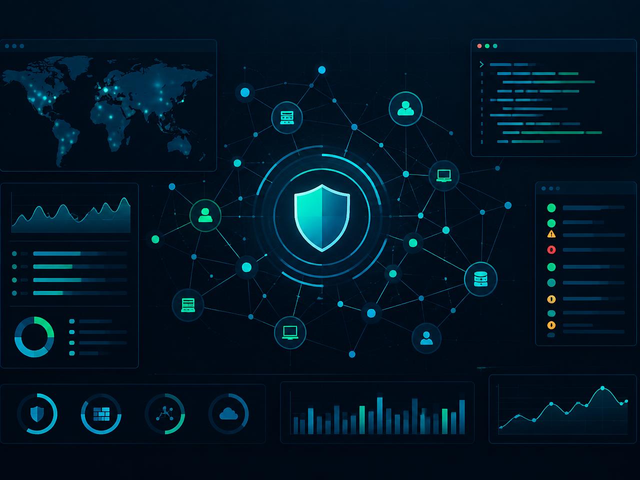 Cybersecurity monitoring dashboard with shield, network graph and threat activity panels